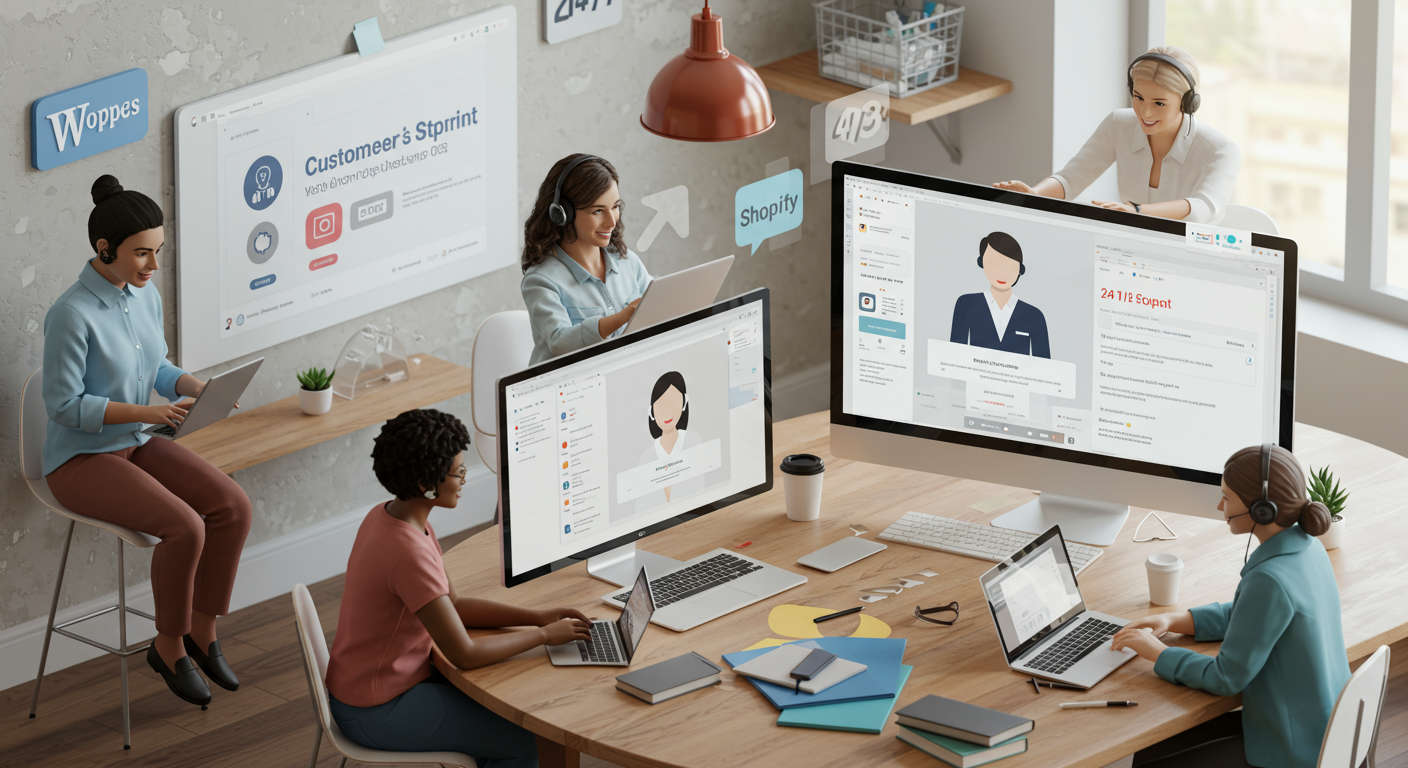 Small business owners and startup entrepreneurs engaging with AI virtual employees on digital devices, representing seamless 24/7 customer service automation on WordPress and Shopify platforms.