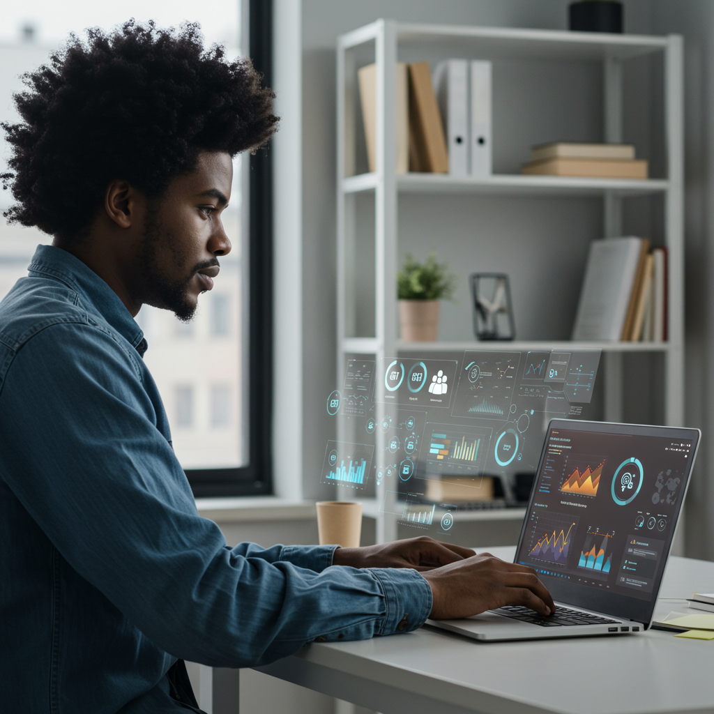 Small business owner using AI-driven workflow automation on a laptop, with visual elements representing lead nurturing, customer segmentation, and personalised marketing campaigns in a bright, productive workspace