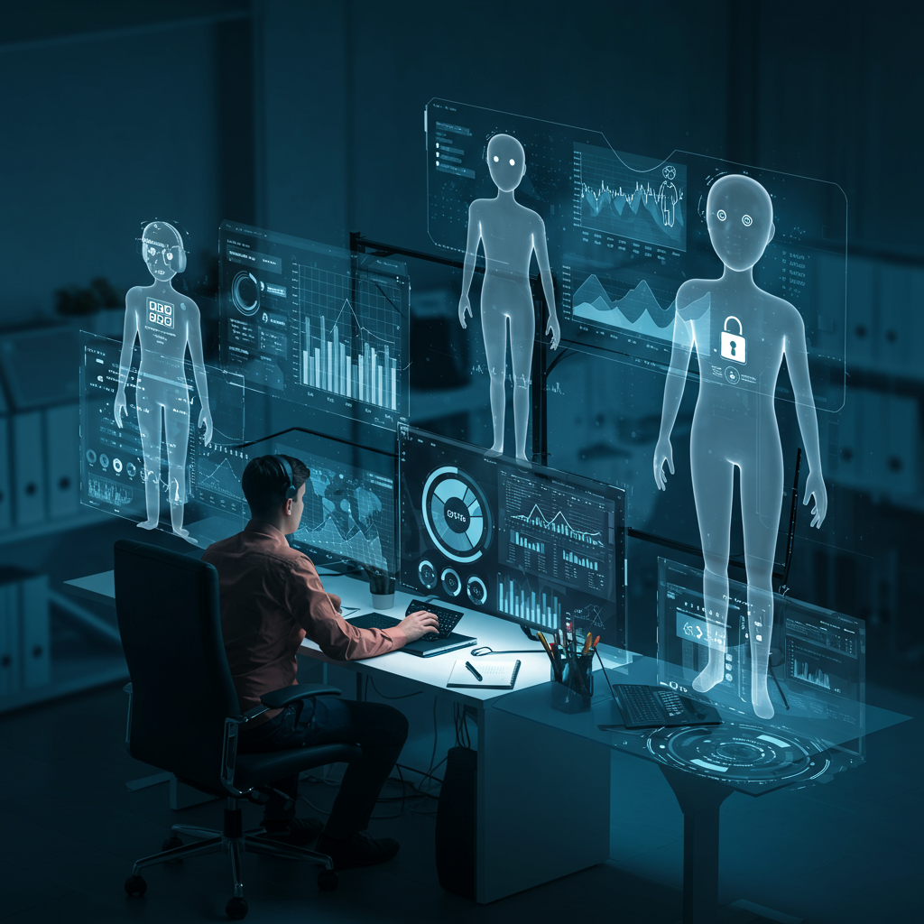 AI agents monitoring and managing business compliance risks in a modern SME environment, with digital risk assessment dashboards and a professional analysing data