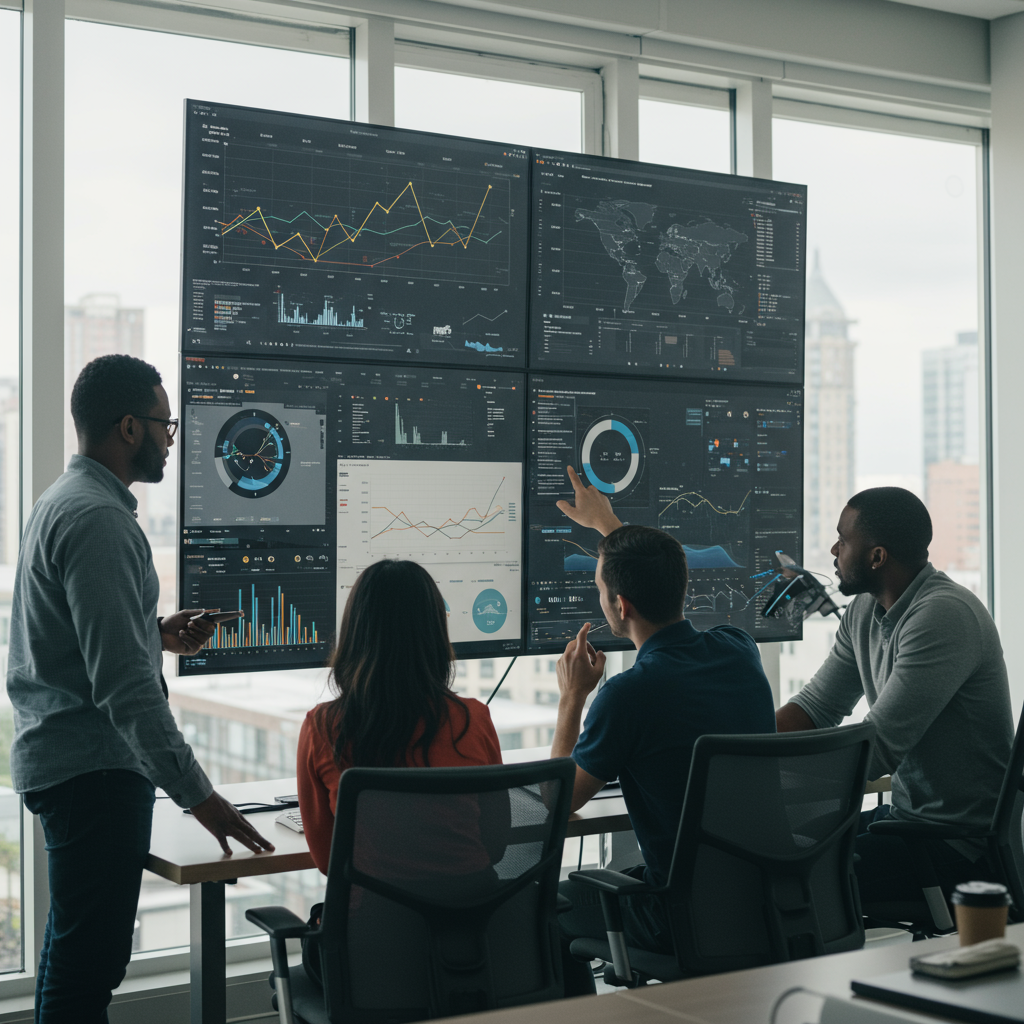 A business team analysing real-time data insights on multiple screens, with graphs and charts representing market trends and customer feedback, in a bright, collaborative workspace