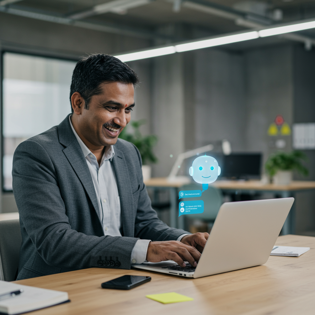 A small business owner happily interacting with an AI chatbot on a laptop, symbolising no-code AI chatbot benefits for SMEs, modern office background, bright and professional atmosphere