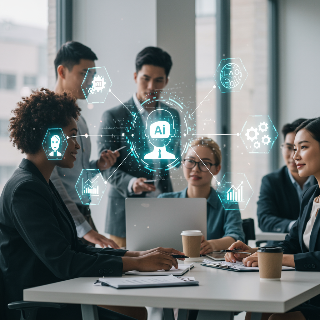 Diverse small business owners collaborating in a modern office with digital AI and automation icons symbolising no-code AI agents for business growth and automation