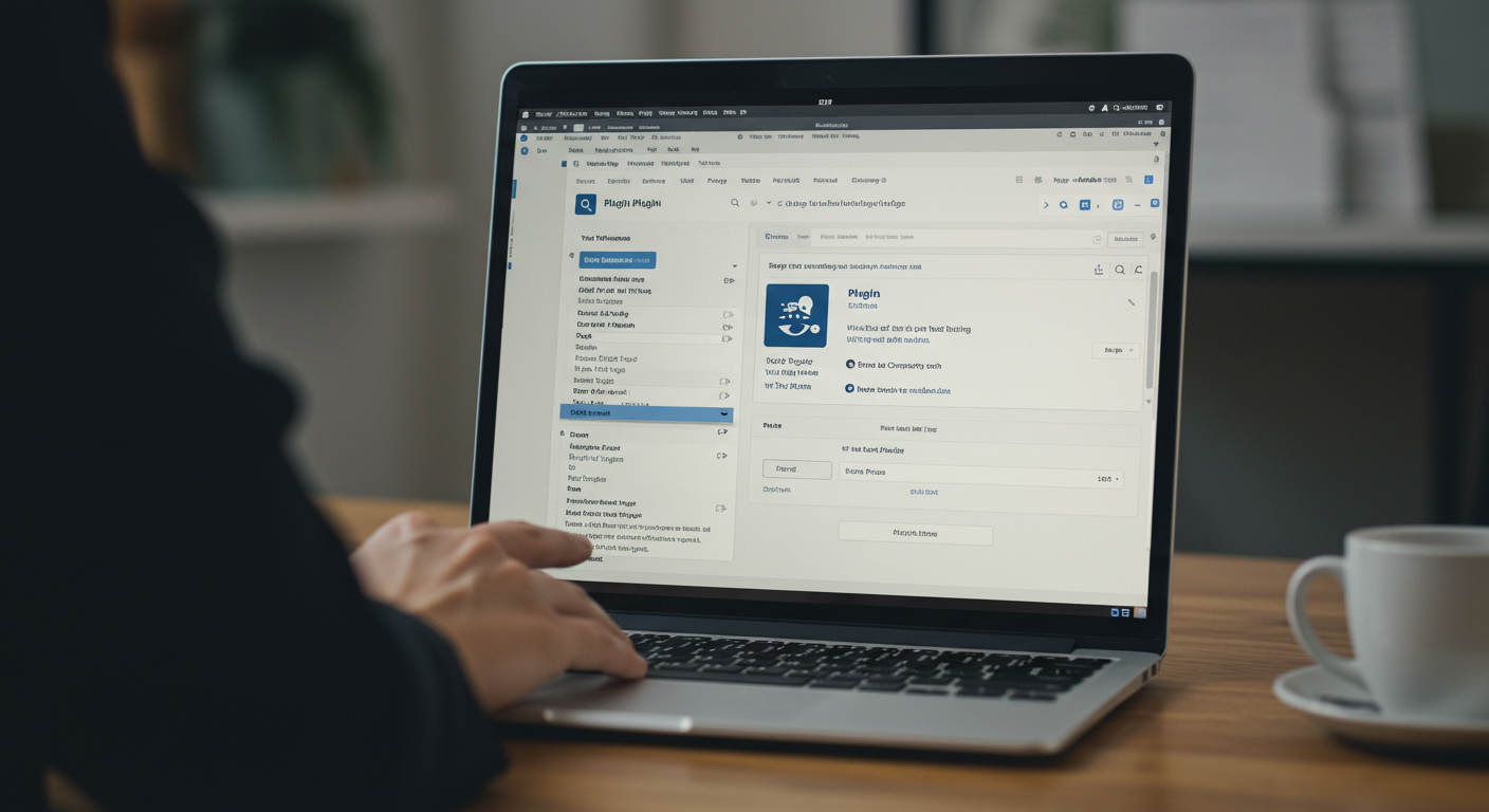 A user installing a WordPress plugin on a laptop, showing the WordPress admin dashboard with plugin search and installation process, modern and clean interface, mobile-friendly setup