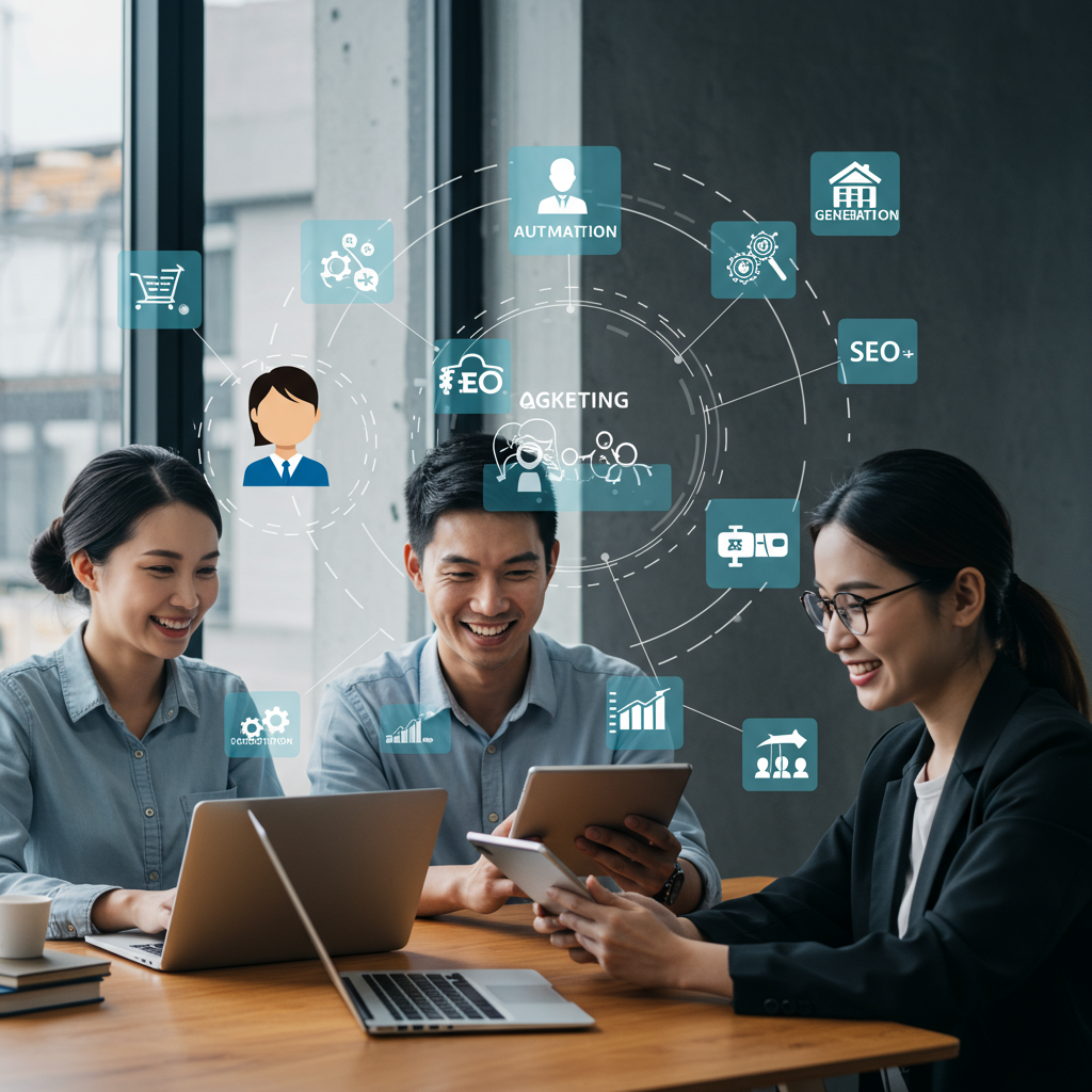 Diverse small business owners and startup entrepreneurs collaborating with AI virtual employees in a modern digital workspace focused on marketing automation and lead generation.
