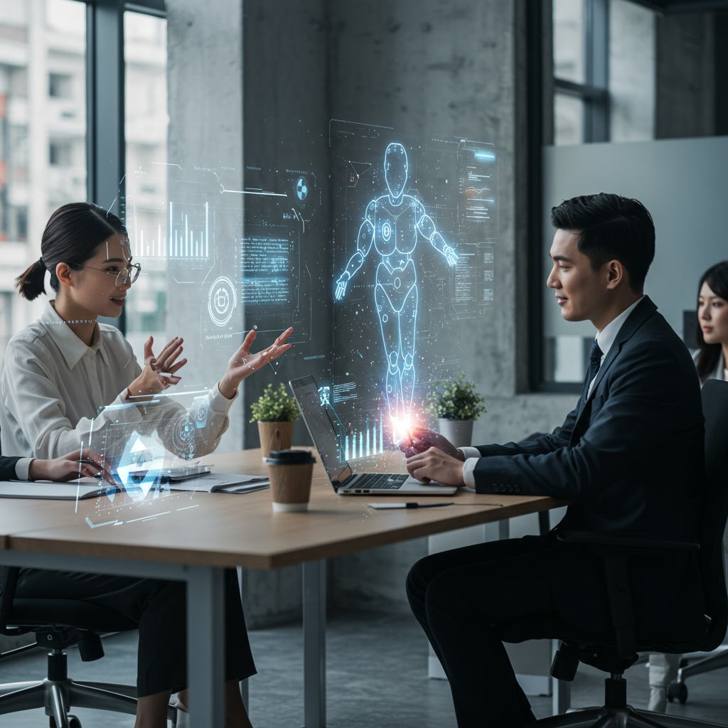 Diverse professionals collaborating with AI technology in a futuristic office, showcasing holographic AI agents and digital interfaces representing AI prompt writing and autonomous AI agents in business.