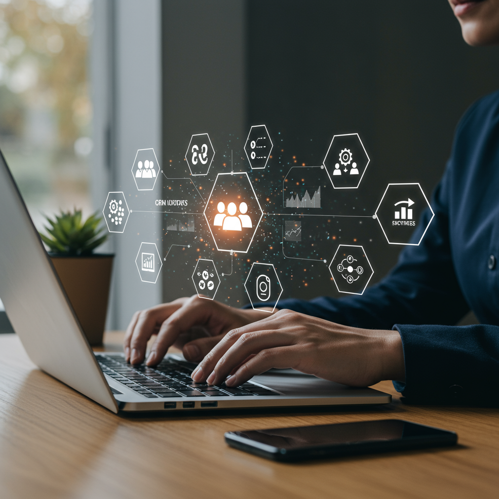 A small business owner using a laptop with various digital workflow automation icons floating around, representing CRM updates, marketing automation, data syncing, and customer onboarding, in a modern office setting