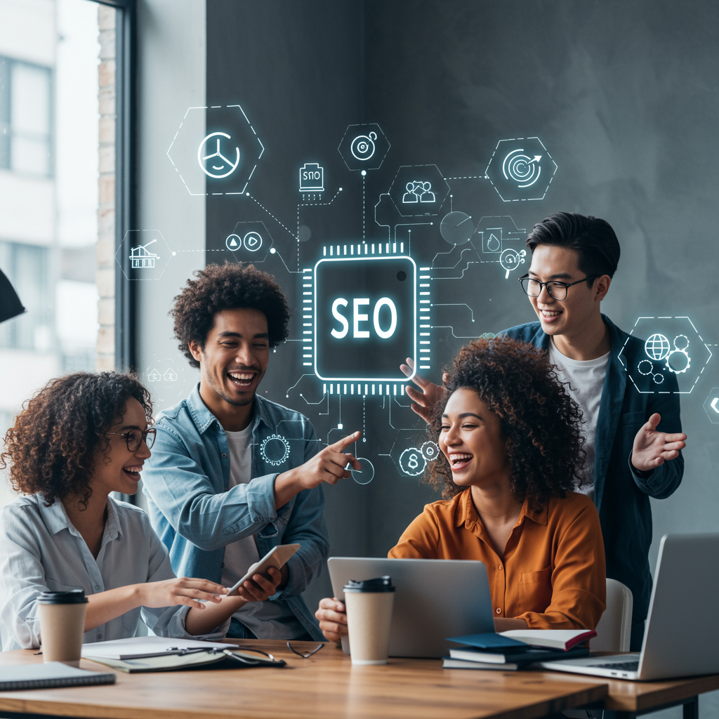Diverse small business owners collaborating with AI technology, surrounded by digital icons of SEO growth and automation in a modern office setting