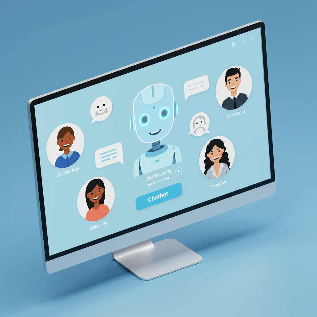 An AI-powered chatbot assisting customers on a digital screen, showing 24/7 customer service automation with happy customers and virtual employee icons