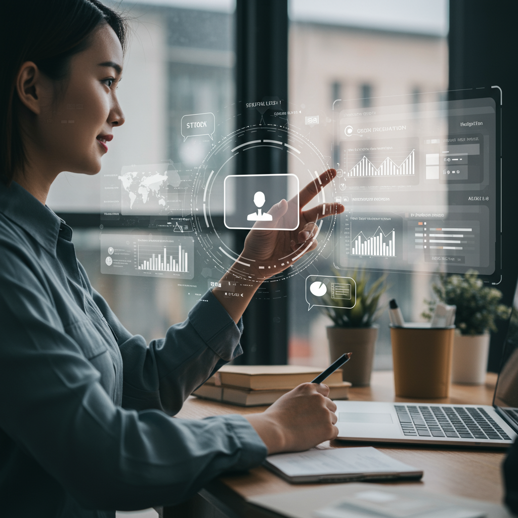 An AI virtual employee represented as a friendly digital assistant helping a small business manage inventory, with visuals of stock monitoring, order generation, and supplier communication in a futuristic workspace