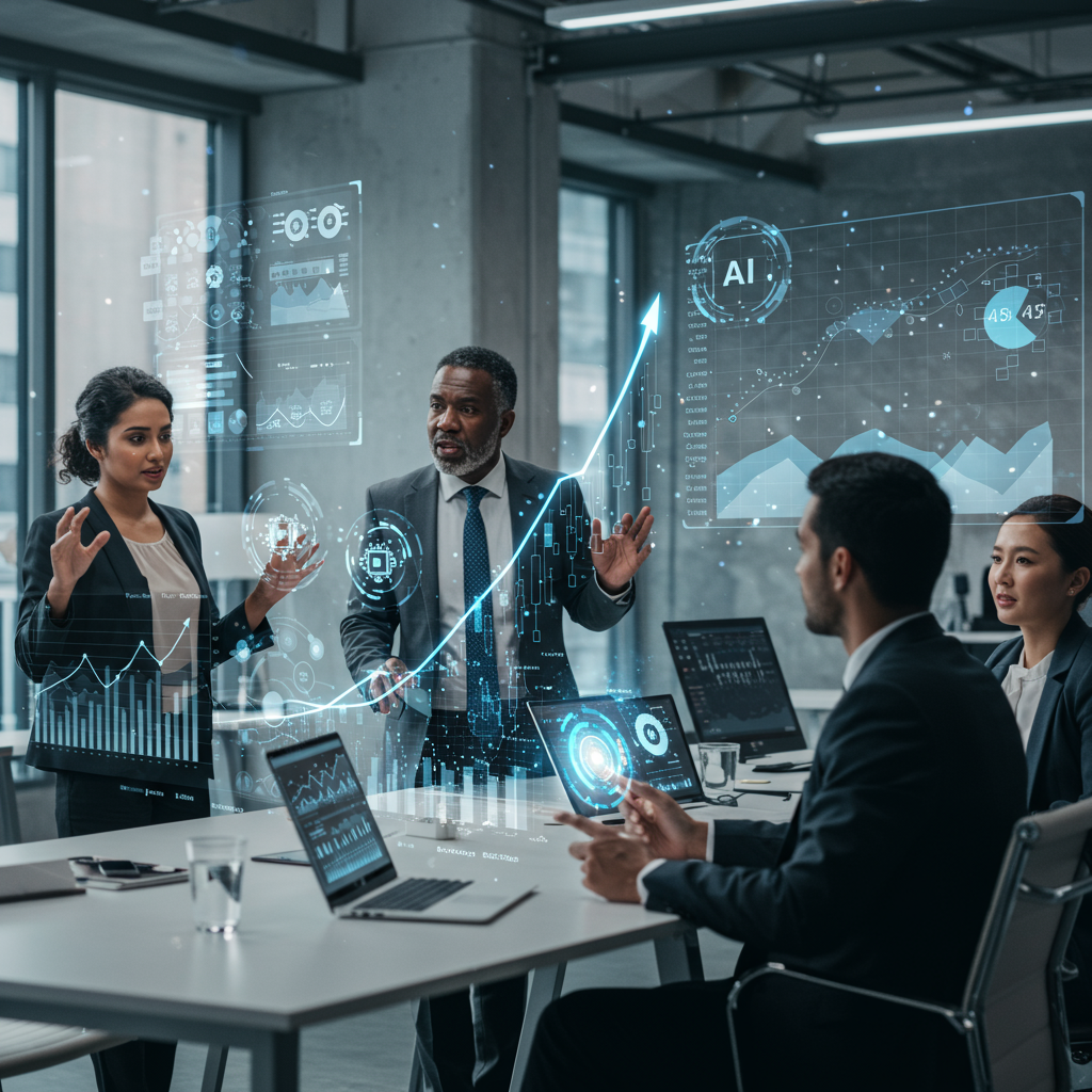 A dynamic scene of venture capital investment in AI startups, with diverse entrepreneurs pitching ideas, digital graphs showing funding growth, and AI technology elements in a modern office environment