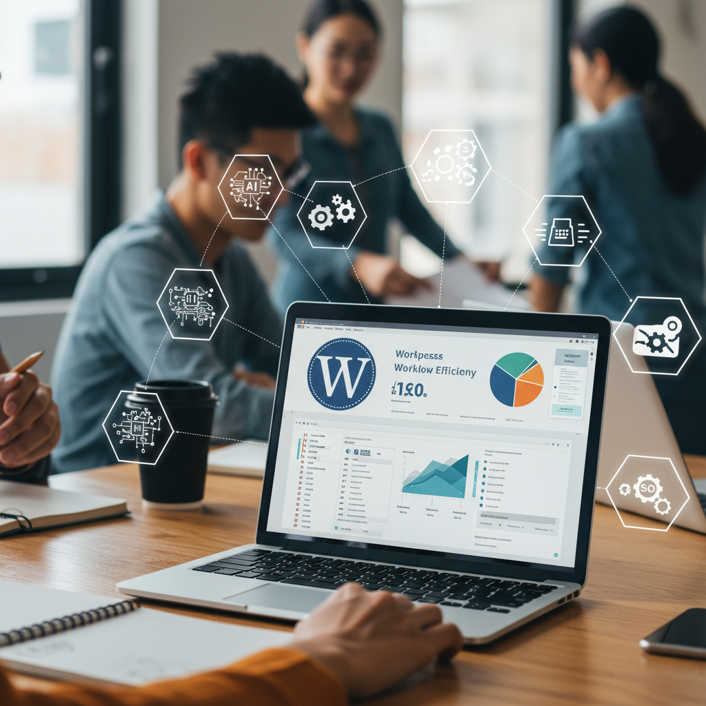 A modern workspace with a laptop displaying the WordPress dashboard, surrounded by icons for AI, automation, SEO, and workflow, with diverse people collaborating in the background.