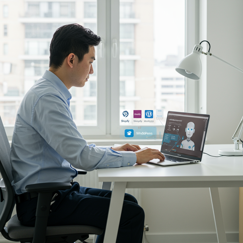 Small business owner using AI virtual employee on laptop to automate inventory management, with Shopify and WordPress logos visible, modern office background