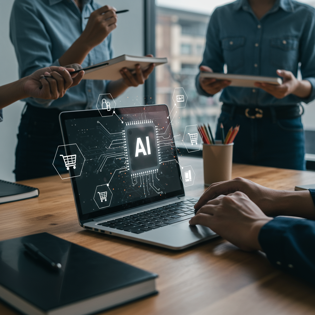 Modern e-commerce workspace with AI interface on laptop, shopping icons, and digital automation elements representing AI agent integration in online retail