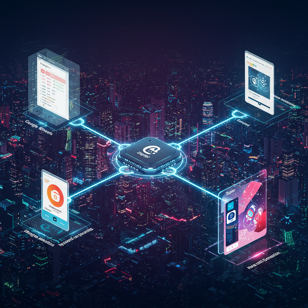 Automation workflow with AI integration, showing digital connections between Google Sheets, Zapier, and AI content generation tools, in a futuristic style