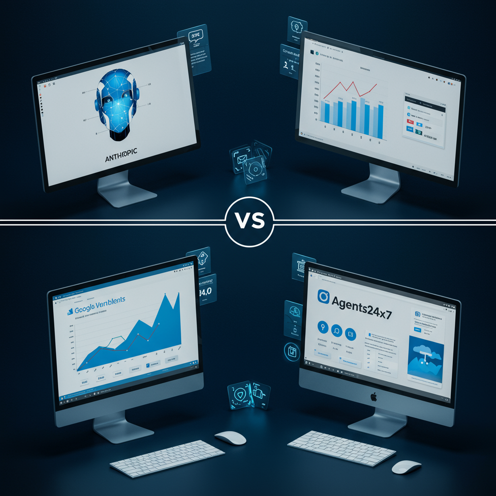 Comparative visual of AI service platforms with pricing charts and subscription symbols for SME users in a professional environment