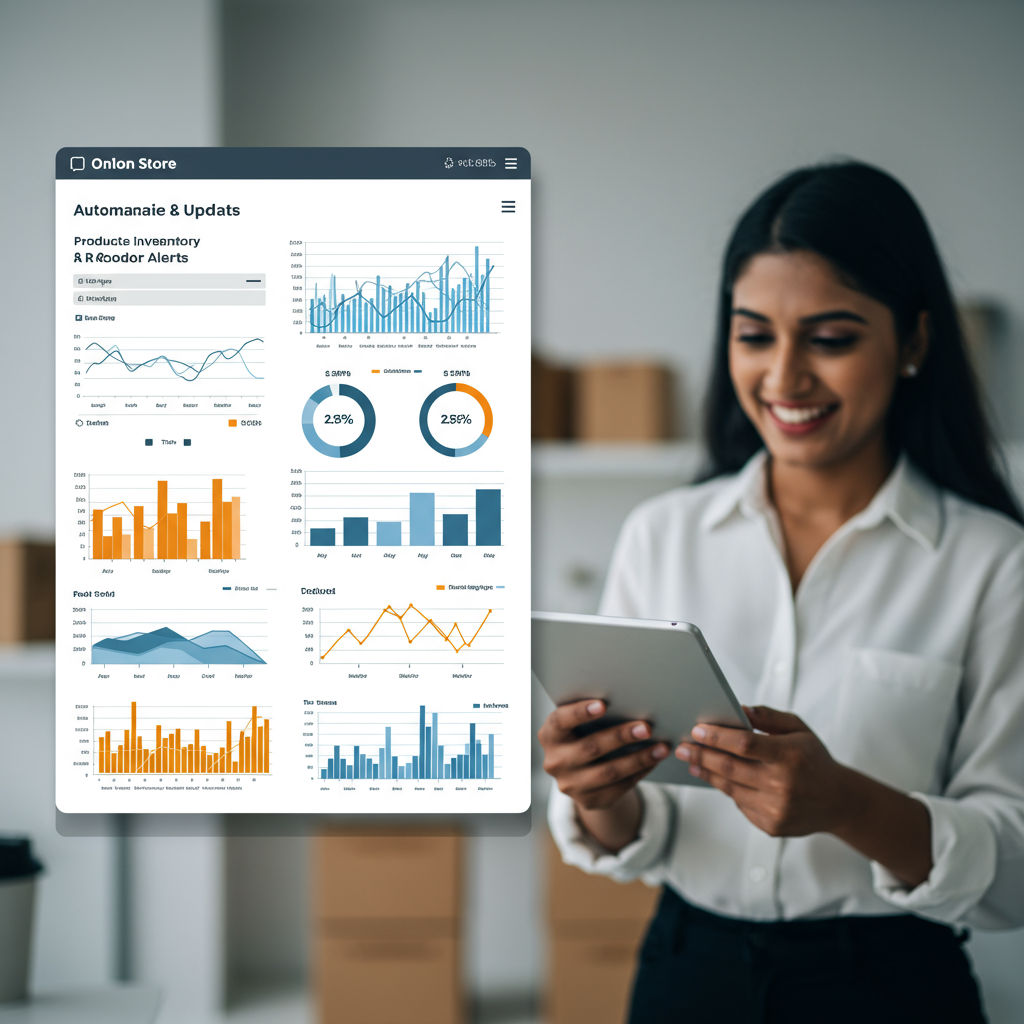 An e-commerce store with automated inventory updates and reorder alerts shown on a digital dashboard, with a happy business owner in the background