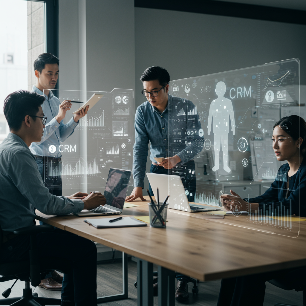 Diverse small business team collaborating with AI technology and CRM dashboards in a modern office environment, symbolising AI agents integrating with CRM for SME growth and automation.