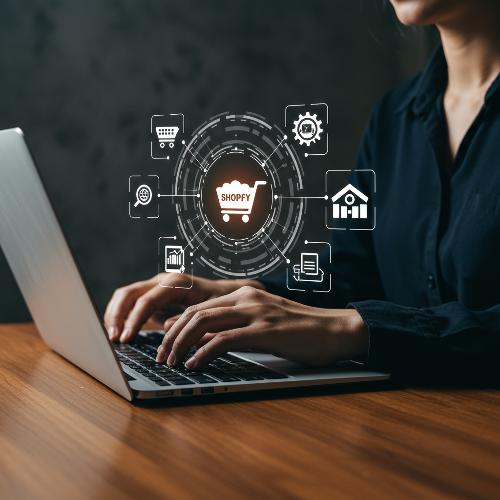 A small business owner using a laptop with Shopify and automation icons around, representing workflow automation tools for Shopify integration, no-code platform, digital marketing, inventory management, and customer loyalty