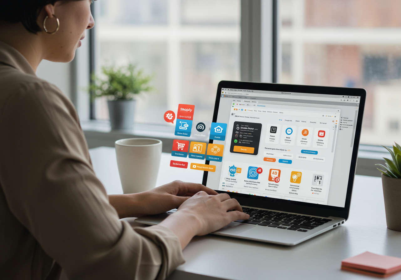 Small business owner setting up no-code AI workflows on Shopify using a plugin interface, demonstrating ease of use and automation in a bright and professional workspace