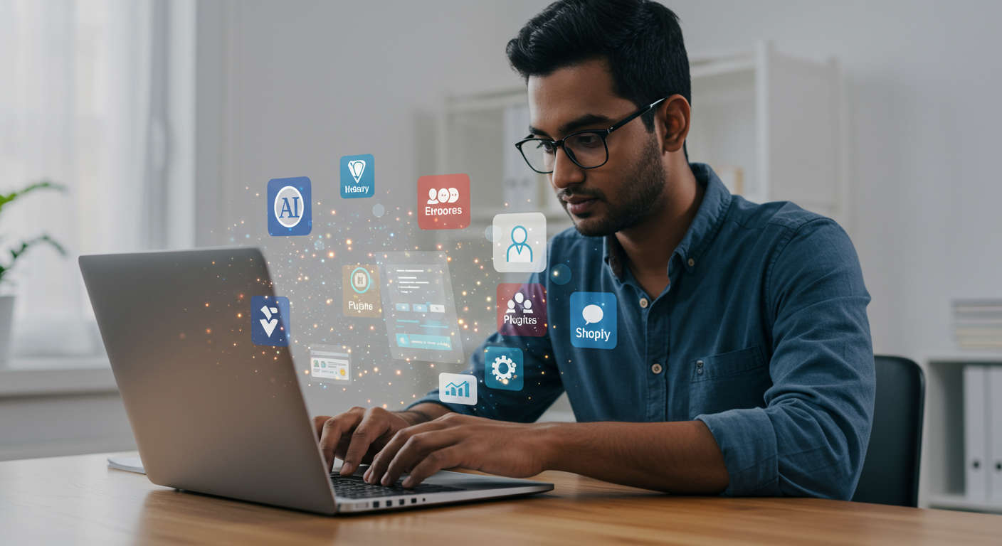 Small business owner using AI virtual employee on laptop, surrounded by icons representing WordPress and Shopify plugins, automation, and content creation