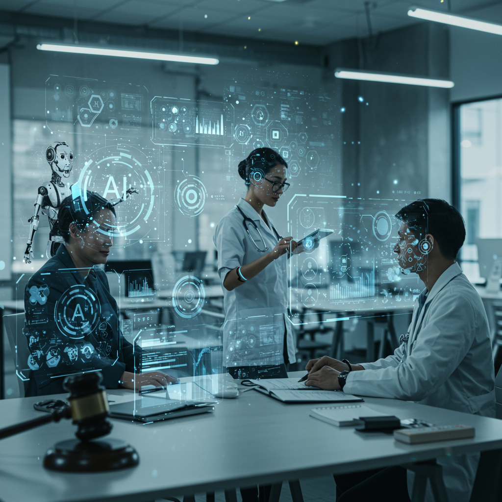 Futuristic professional office environment with diverse AI virtual employees and human professionals collaborating, representing law, medicine, and psychology with holographic interfaces and digital data streams.