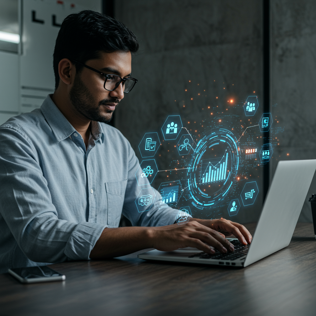 An e-commerce SME owner using AI-driven workflow automation on a laptop, surrounded by icons representing order processing, inventory management, and customer service automation, modern and professional style