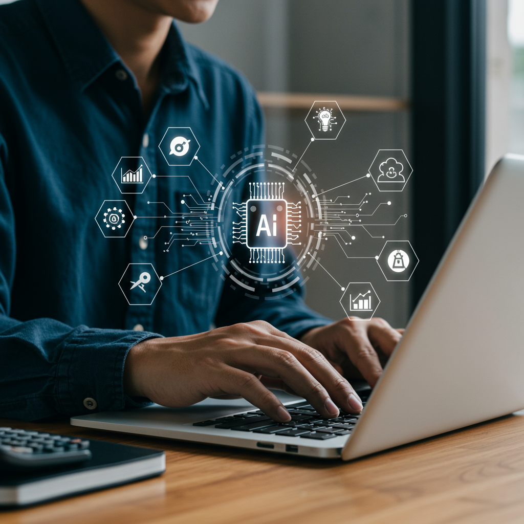 A non-technical small business owner using a no-code AI workflow automation platform on a laptop, with icons representing drag-and-drop interfaces, AI, and automation around them, in a modern office setting