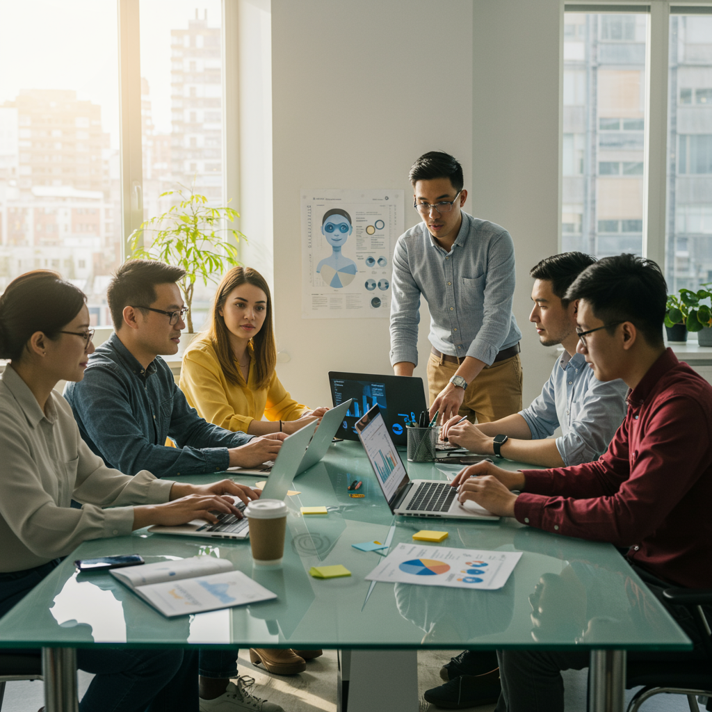 An SME team working with AI virtual assistants to automate workflows, including content scheduling, customer service, and inventory management, in a bright, collaborative workspace