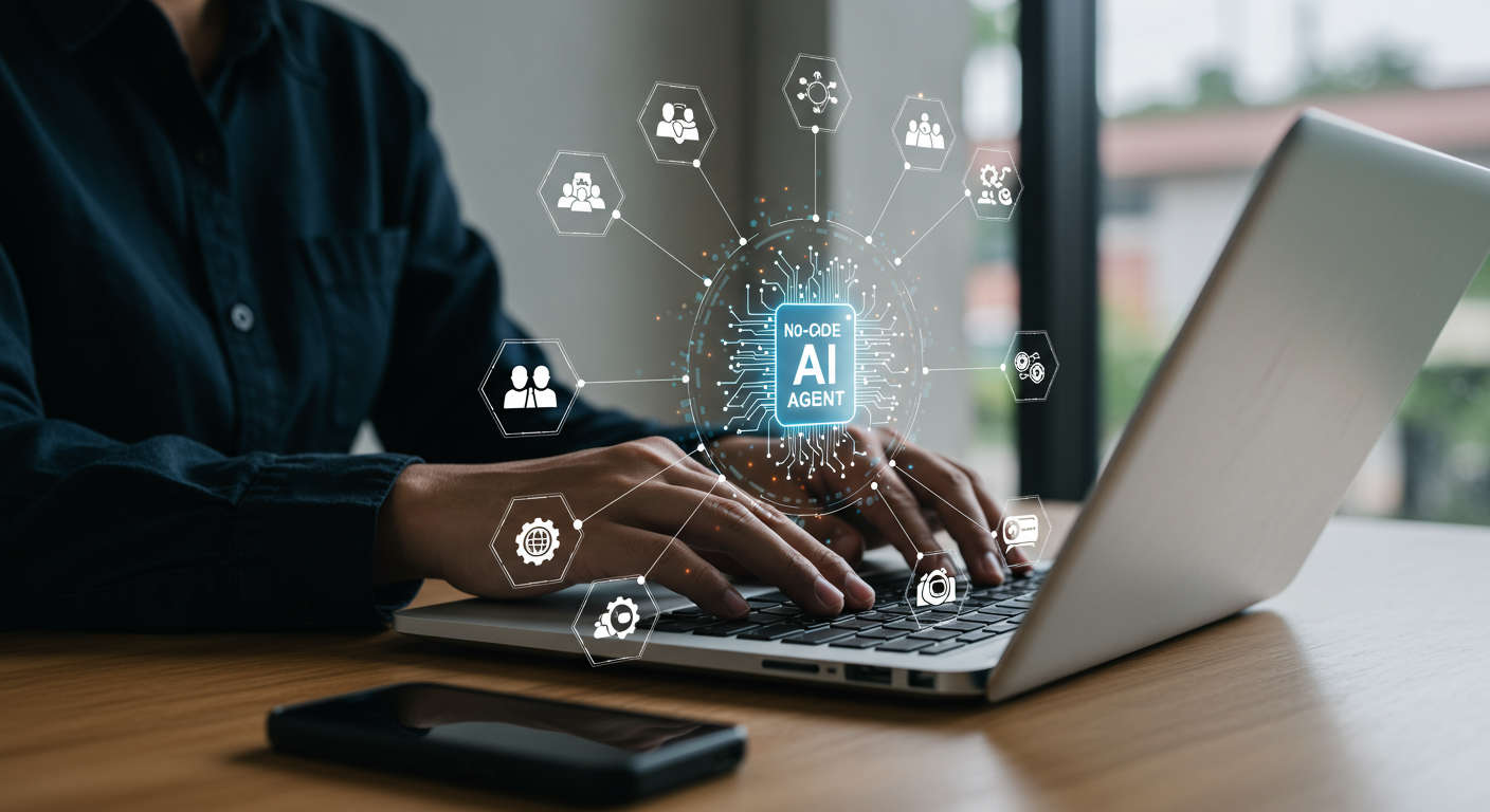 A small business owner using a no-code AI agent platform on a laptop, surrounded by icons representing automation, ease of use, and scalability, modern office setting