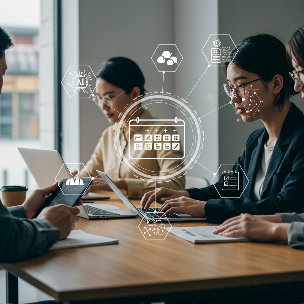 A modern small business office with a diverse team using digital devices, surrounded by icons representing AI, calendar scheduling, and automation, symbolising efficient appointment scheduling for SMEs.