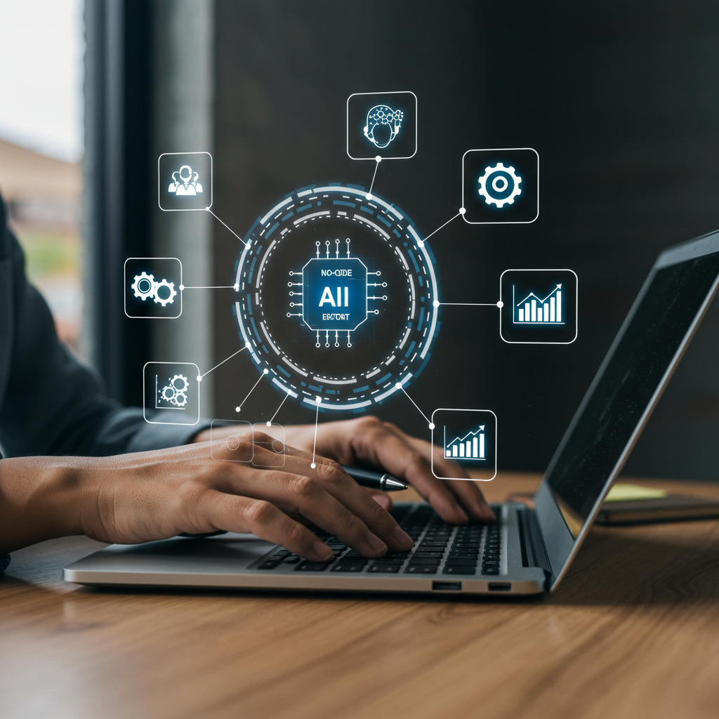 A small business owner using a no-code AI platform on a laptop, surrounded by icons representing automation tasks like customer service, inventory management, and data processing, in a modern office setting