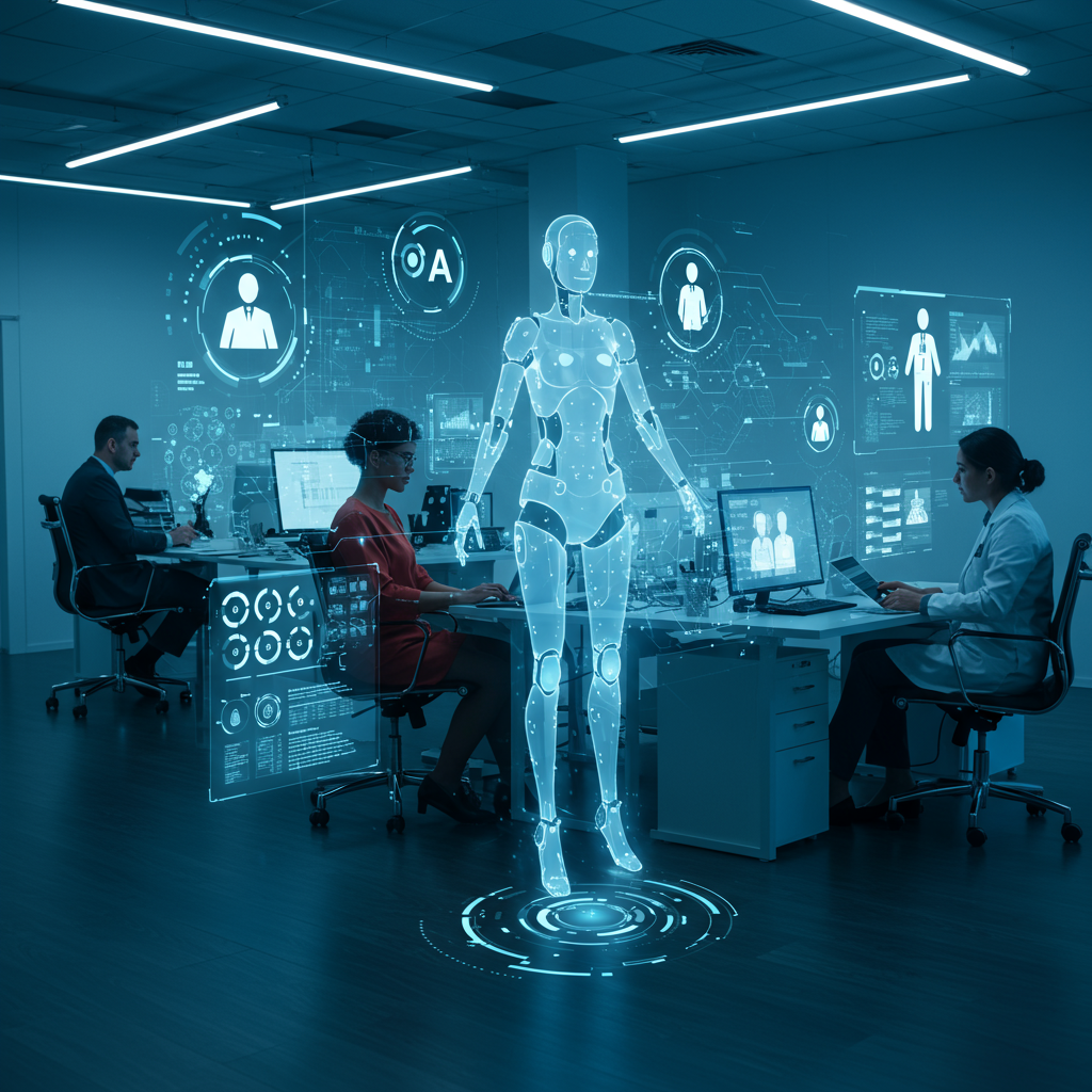 A futuristic office environment where AI virtual employees assist professionals like lawyers, doctors, and psychologists by automating routine tasks, with a focus on technology and human collaboration