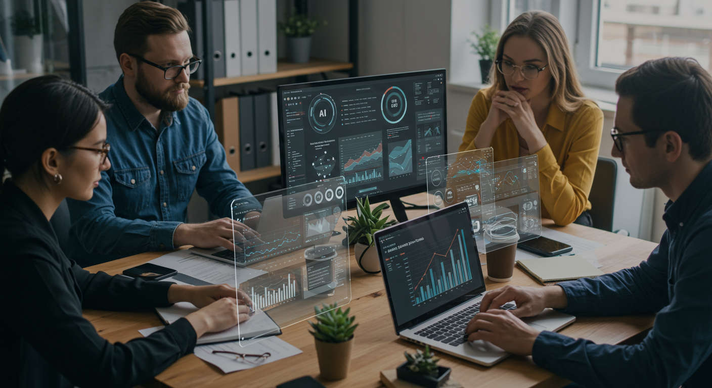 Small business team optimising workflows using AI automation dashboard insights, collaborative environment with laptops and digital charts, emphasising efficiency and productivity improvements
