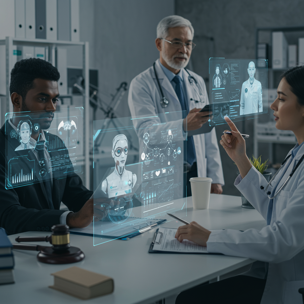 A small business office using AI virtual employees for legal advice, medical triage, and psychological support, showing diverse professionals and digital AI interfaces enhancing productivity and efficiency