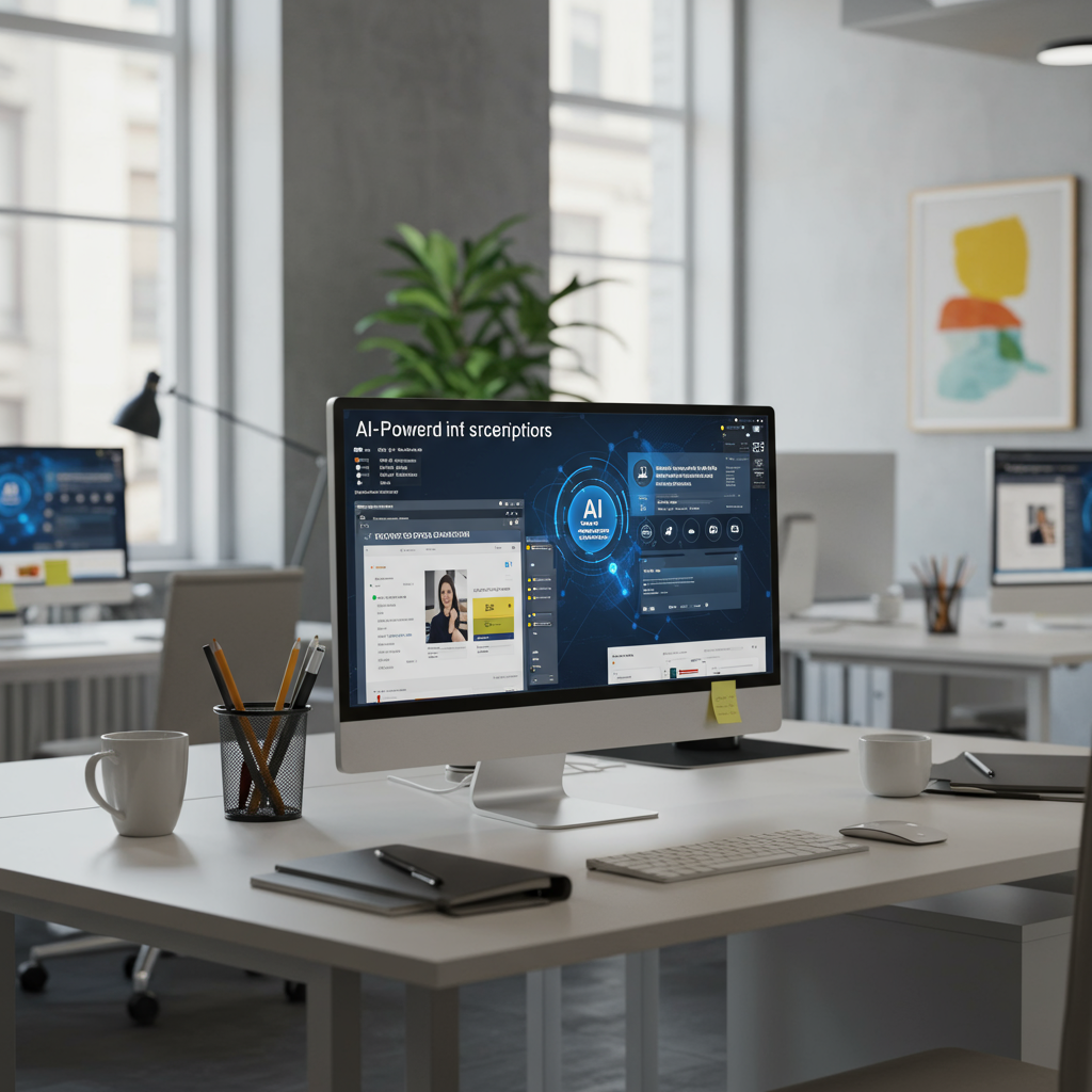 A modern small business office with AI-powered content creation tools on computer screens, showing keyword suggestions and SEO optimisation elements, vibrant and professional setting