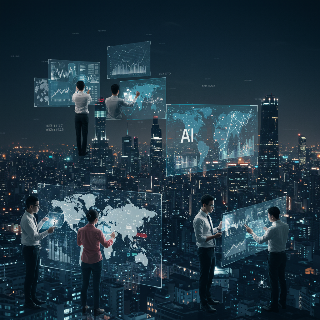 Futuristic cityscape with digital data streams and AI technology elements symbolising economic growth and market trends in the AI industry, featuring diverse professionals analysing data and a global map highlighting North America and tech hubs.