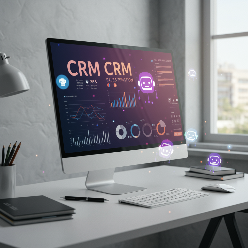 A modern small business office with a computer screen displaying a CRM dashboard, AI assistant icons floating around, symbolising AI agents integrating with CRM systems for business automation
