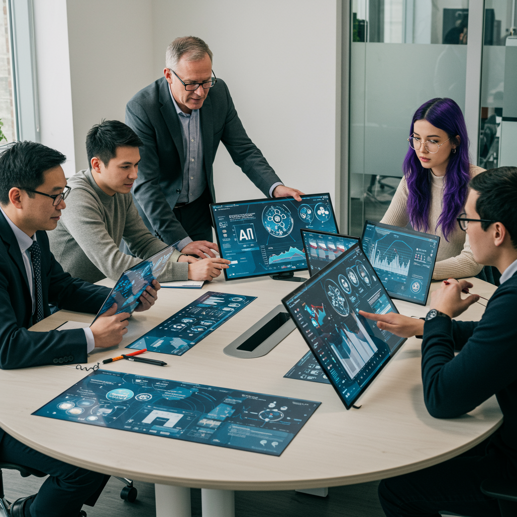A diverse team of SME employees collaborating around a table with digital screens showing AI integration workflows, CRM data charts, and automation processes, highlighting teamwork and technology adoption
