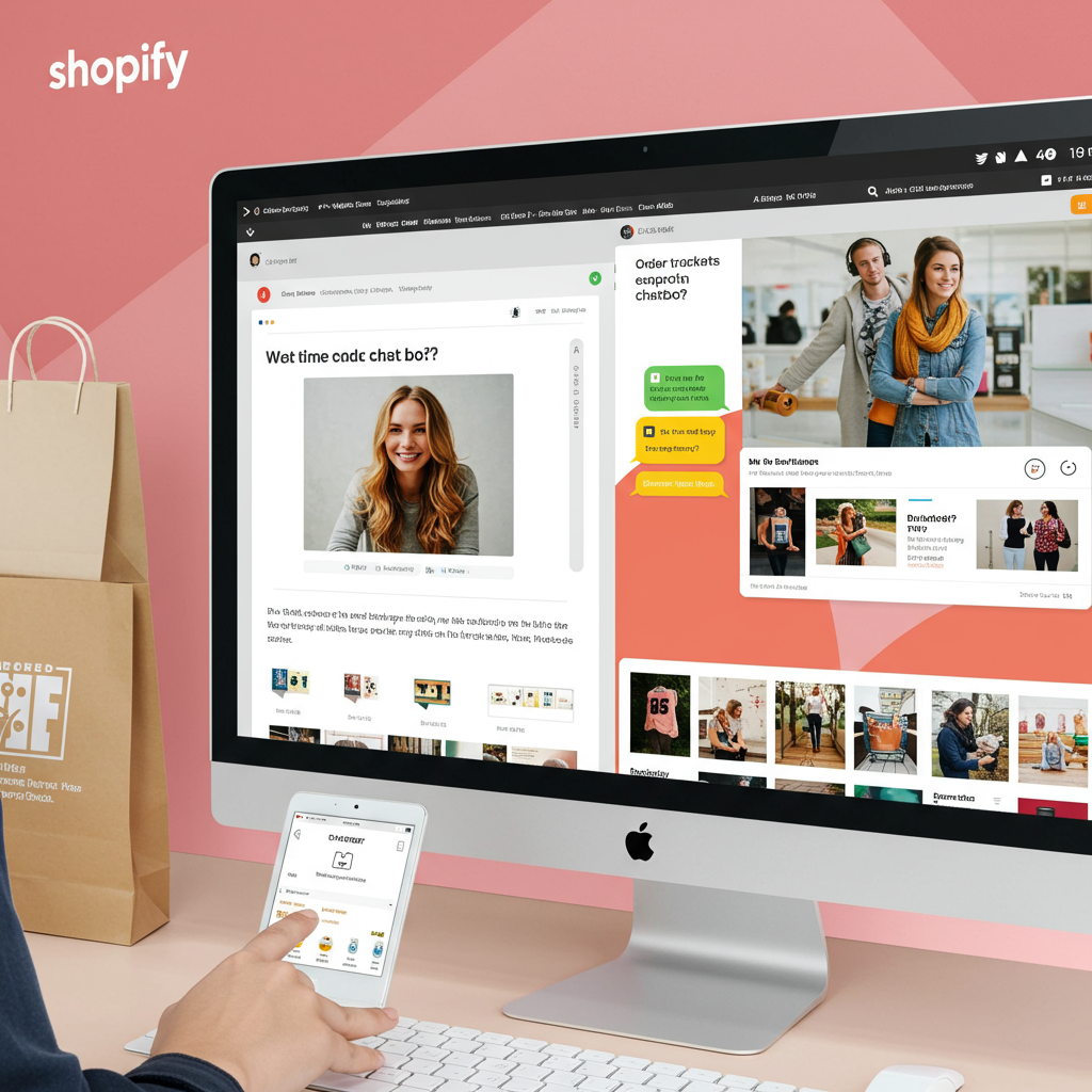 Shopify store interface showing AI chatbot assisting customers with order tracking and product recommendations, vibrant e-commerce environment with customer interaction