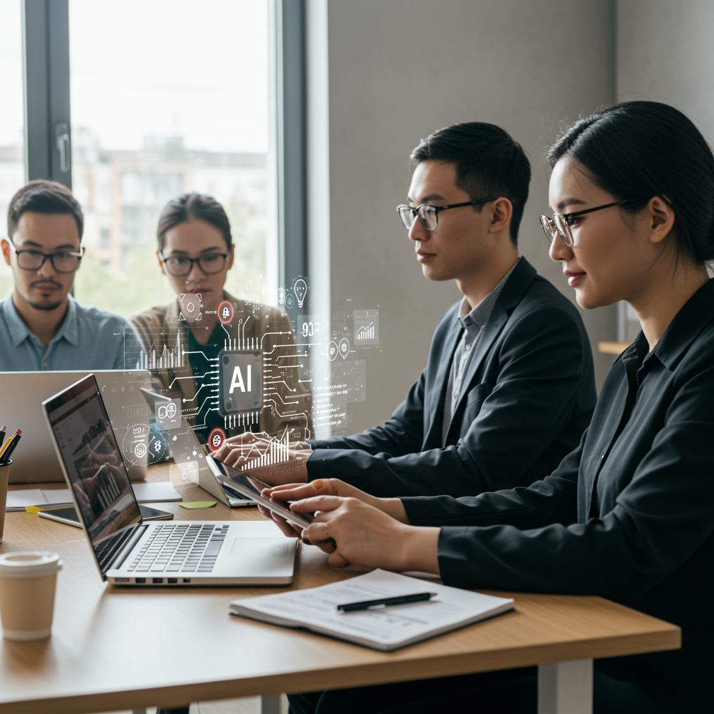 A diverse small business team collaborating with AI technology on laptops and digital devices in a modern office, representing AI workflow automation for SMEs.