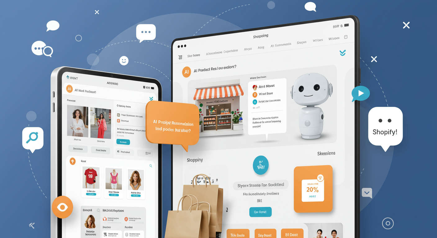 Shopify store with AI-powered automated marketing workflows, including product recommendations, AI chatbot interaction, and dynamic email campaigns, vibrant ecommerce environment