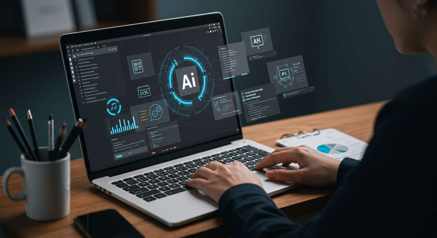 An AI virtual employee working autonomously on a WordPress dashboard, showing multiple tasks being completed like content writing, SEO optimisation, and data analysis, representing 24/7 AI automation for small businesses