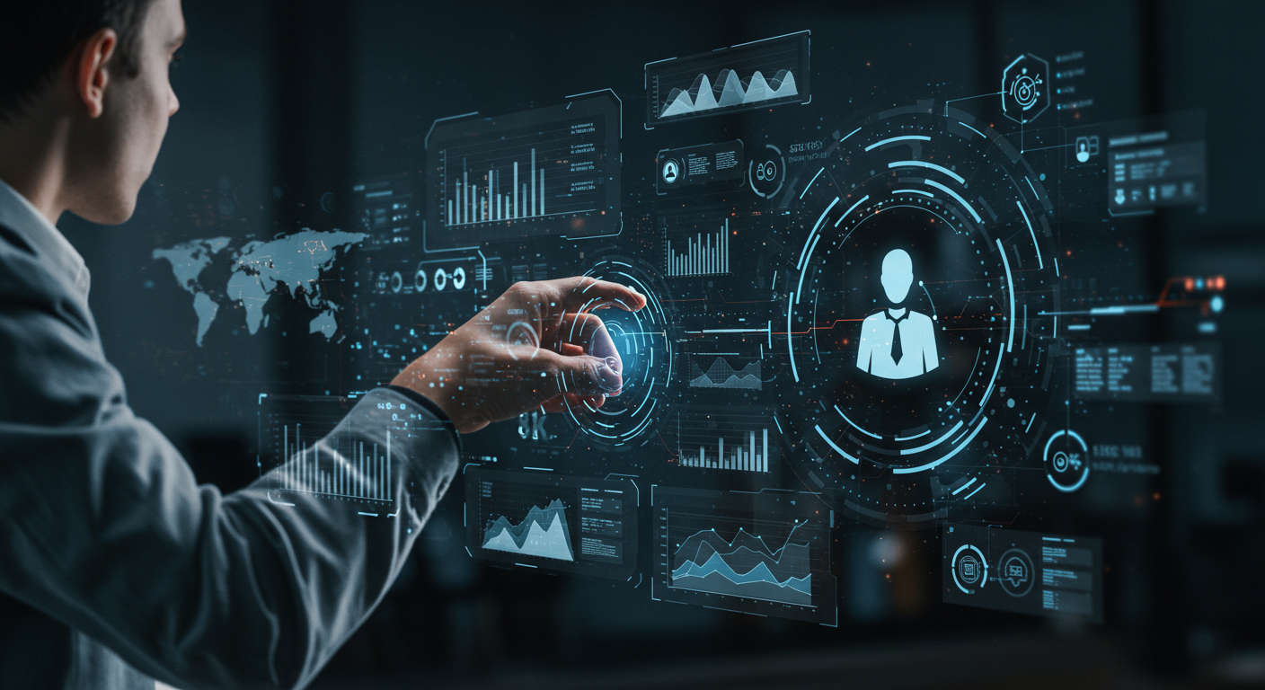 AI virtual employee working autonomously on SEO content creation and lead generation tasks, digital interface with data analytics and performance dashboards