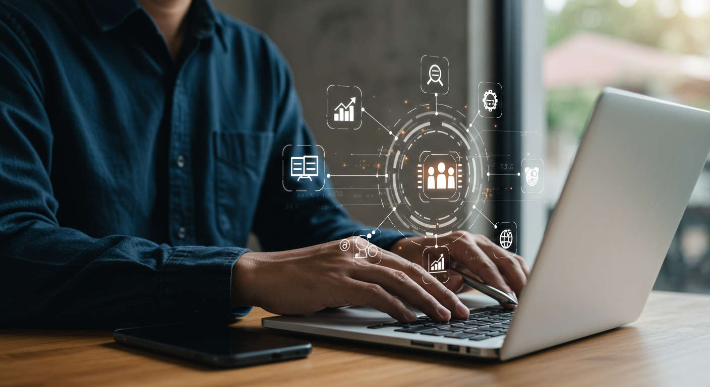 A small business owner working with an AI virtual employee on a laptop, surrounded by icons representing marketing tasks like lead generation, content creation, keyword research, and competitor analysis, in a modern office setting