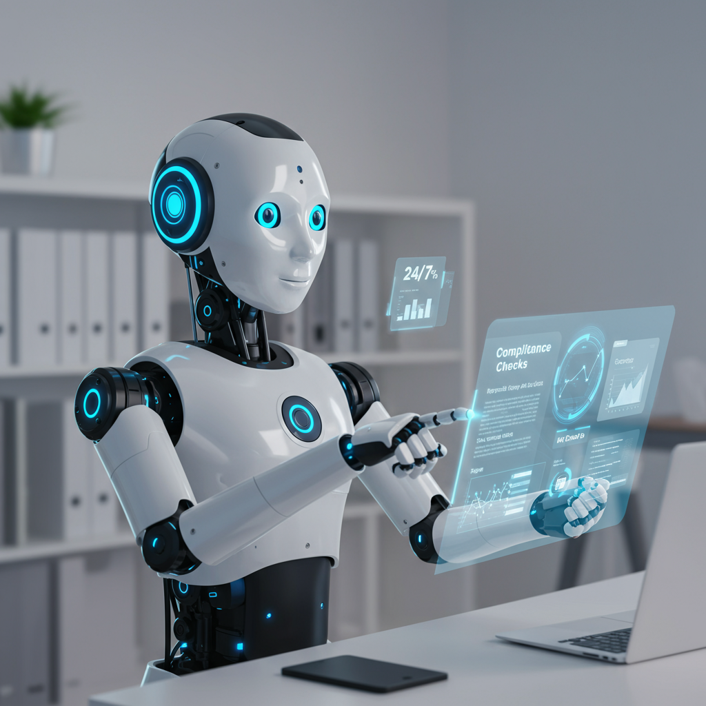 An AI virtual employee depicted as a friendly robot assisting with compliance tasks like document review and reporting in a small business environment, showing 24/7 monitoring and consistency