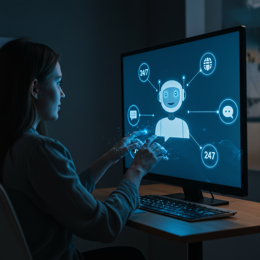 A friendly AI chatbot interacting with customers on a digital screen, showing natural language processing in action, with icons representing 24/7 availability and personalised responses, suitable for small businesses and startups