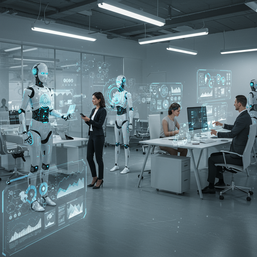 A futuristic business environment showing AI agents interacting with humans, automating workflows, and making real-time decisions in a high-tech office setting