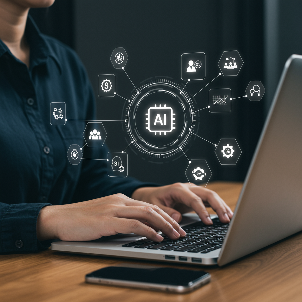 A small business owner using a laptop with AI automation workflows displayed on the screen, surrounded by icons representing customer service, inventory management, and marketing automation, in a modern office setting
