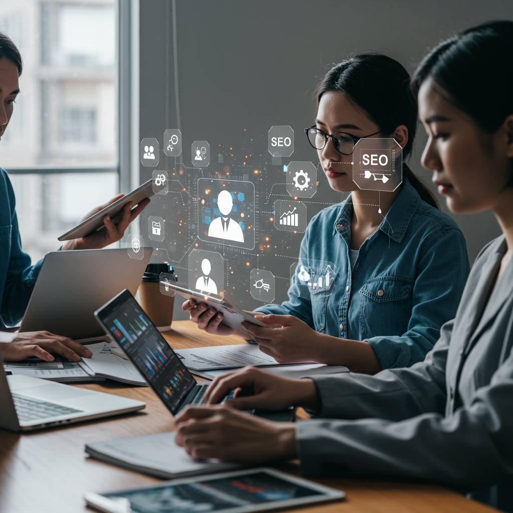 Small business owners and startup founders using AI virtual employees for daily marketing automation with digital marketing icons around them in a modern office setting