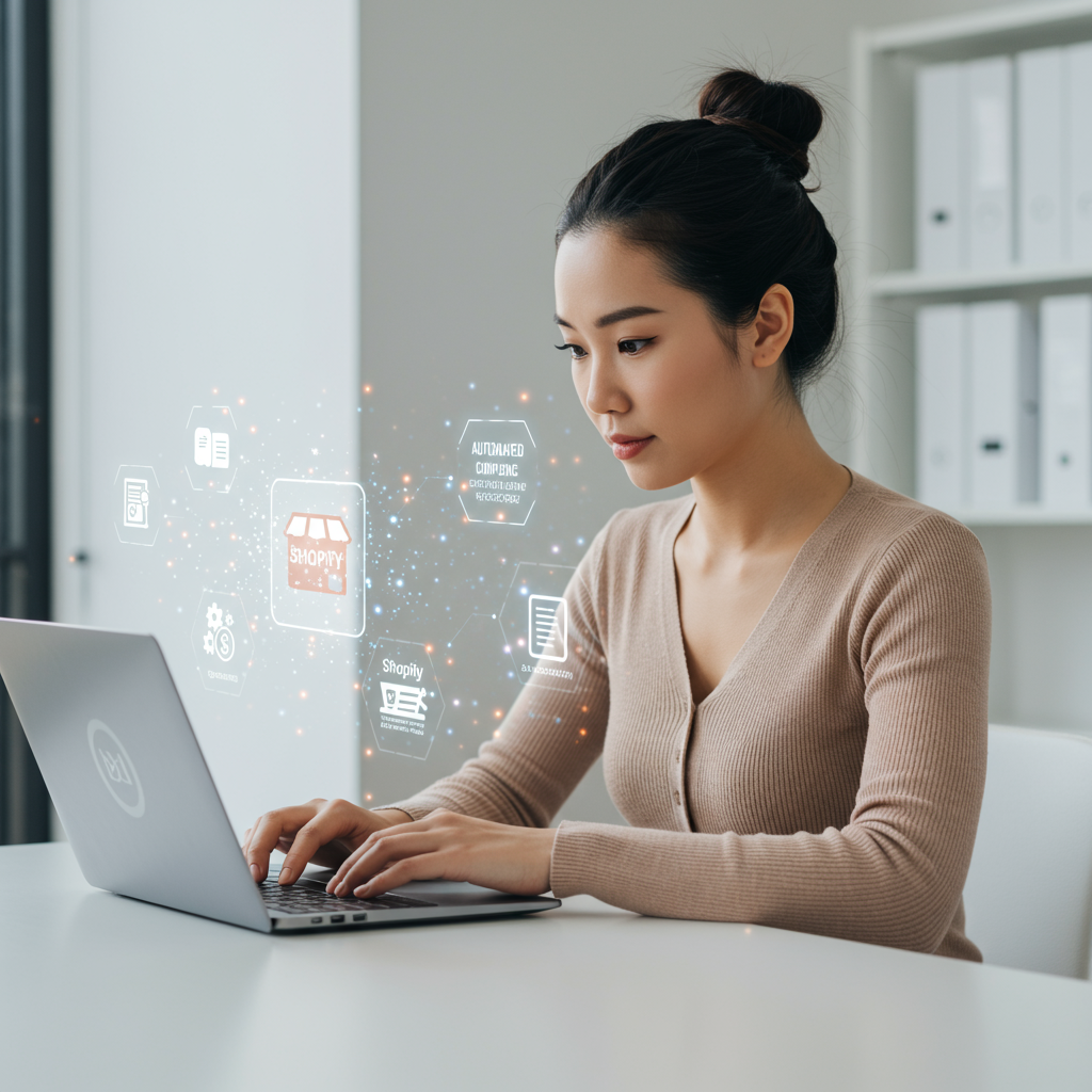 A small business owner using a laptop with Shopify interface on screen, surrounded by icons representing AI compliance automation, tax calculations, and regulatory documents, in a modern office setting